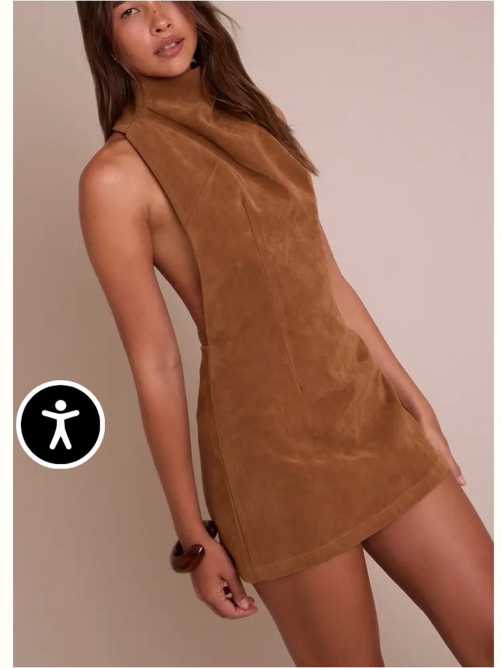 PrettyLittleThing Tan Suede High-Neck Mini Dress
